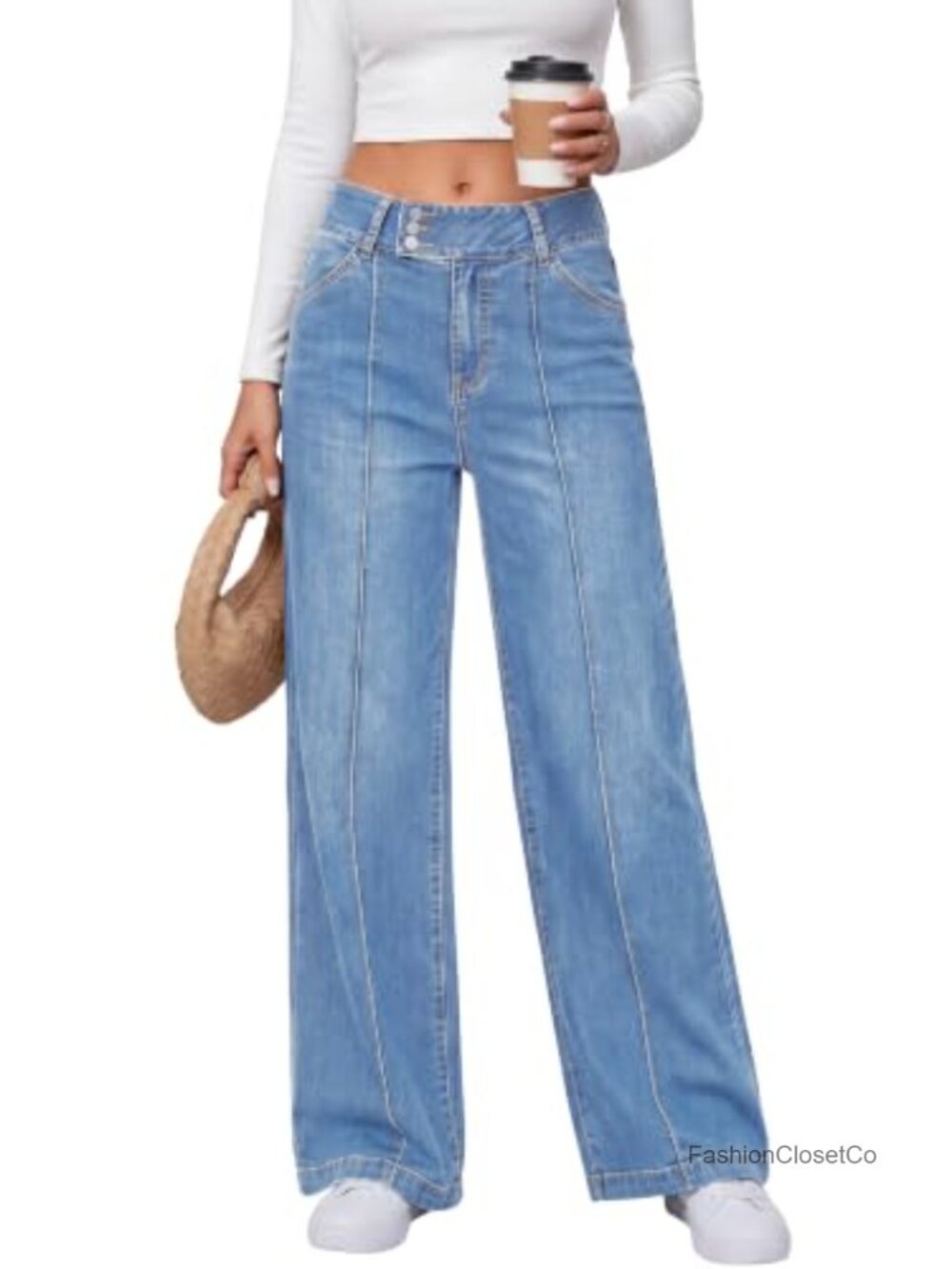 Wide Leg Mid Rise Stretchy Denim Jeans with Pockets